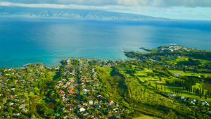 land with homes and a large ocean