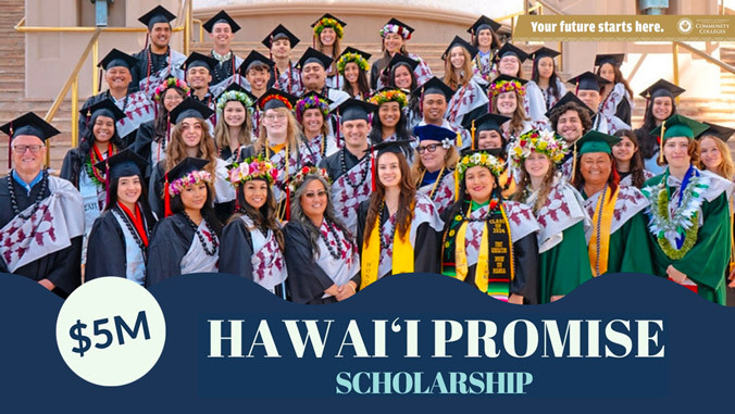 student in graduation attire with $5M Hawaii Promise Scholarship graphic