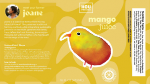 Mango juice bottle label with an illustration of a mango bird