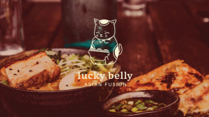 Asian food with logo of a happy cat