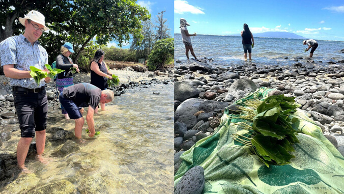 people washing kukui leaves in the ocean and supplies for lei making.