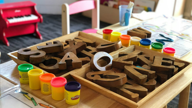 classroom items on a table