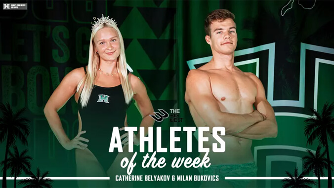 U H swimmers Belyakov and Bukovics, Athletes of the Week graphic