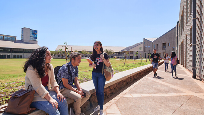 Smiling students outside at U H West Oahu