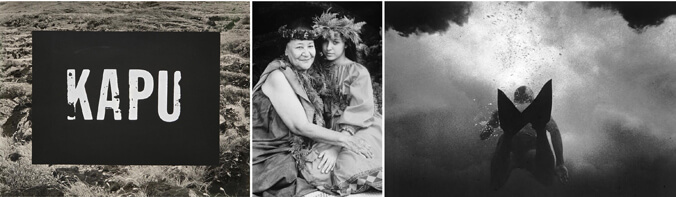 Three black and white photo: KAPU sign, two women in hula attire, a person underwater