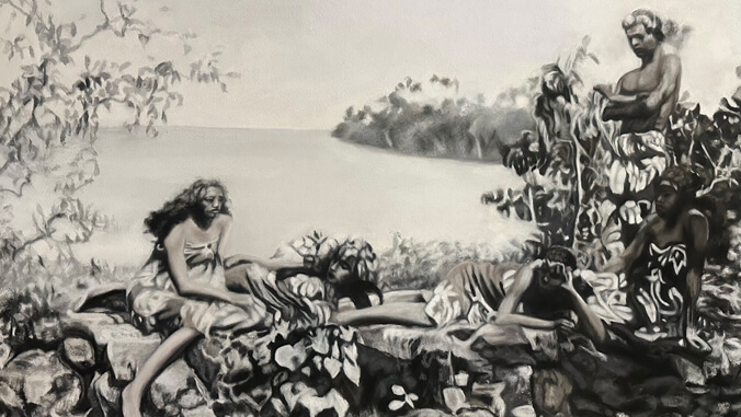 Black and white image of women near the ocean