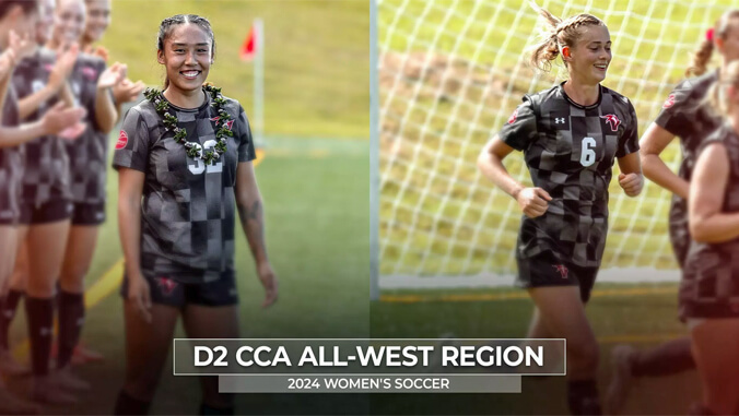 U H Hilo soccer player, D2 C C A All West Region graphic