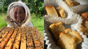 Melle in a beekeeping suit and her ulu mochi