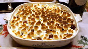 Casserole dish with dessert