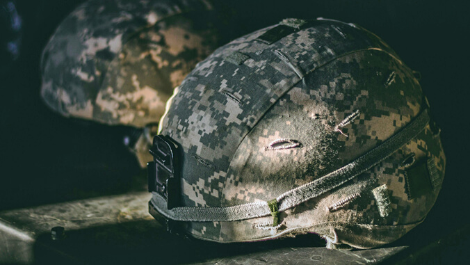 two military helmets