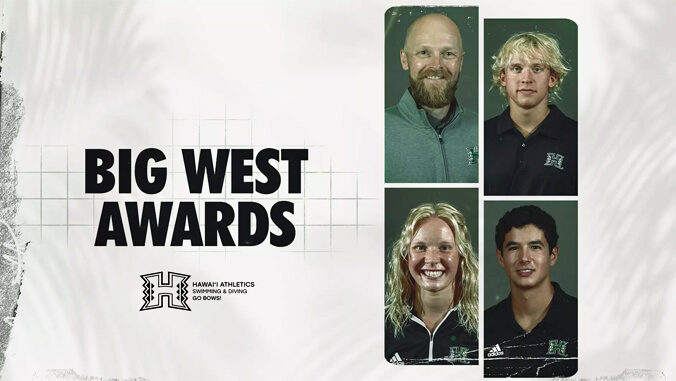 U H swim and dive headshots with Big West Awards graphic