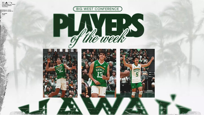 3 U H mens volleyball players and Player of the Week graphic