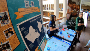 people talking at a table display