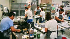 Students working in a kitchen