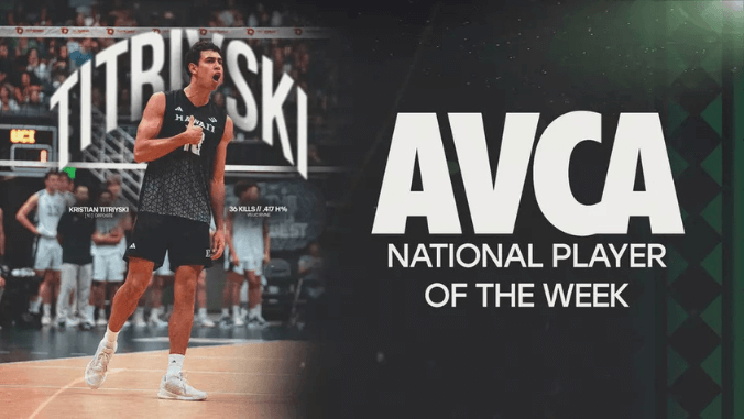 Kristian Titriyski on the court, A V C A player of the week graphic