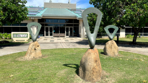 sculptures in front of building