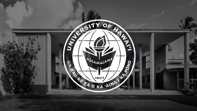 Black and white image of Bachman hall with the U H seal