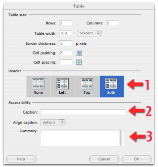 image showing how to add header and caption to a table using DreamWeaver