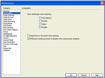 image of accessability preferences in DreamWeaver